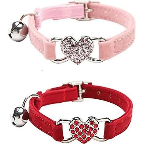 collier Pour Chat 2 Pices Avec Clochette En Diamant Color Floqu (rouge Et Rose), Joli Petit Collier Pour Chat, Collier Pour Chat Avec Clochette Et (1/5)