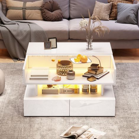 Table basse réglable avec LED-2 tiroirs et rangement-Plateau verre trempé brillant blanc-80x80x45 cm (1/5)