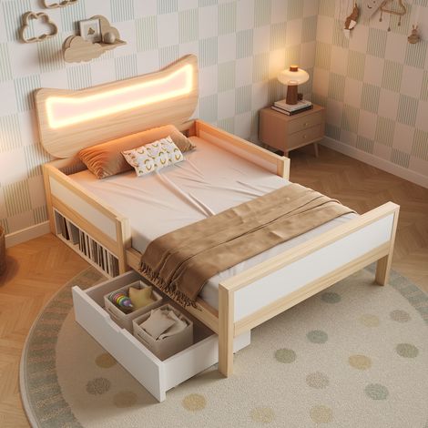 Letto bambini 90x200 cm con sponde di sicurezza, testiera LED, rete a doghe e cassetto, in legno bianco e rovere, materasso non incluso (1/5)
