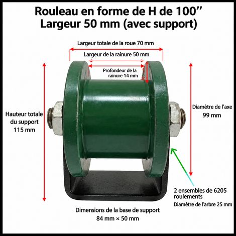 Galet de guidage en H 100 avec support gorge 50 mm acier inoxydable 100 50 – Livraison gratuite