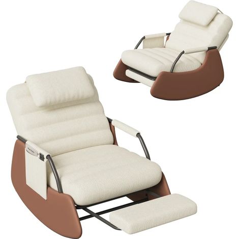 Fauteuil à bascule Fangange en velours côtelé – Avec repose-pieds, dossier inclinable 3 positions et appui-tête épaissi, beige