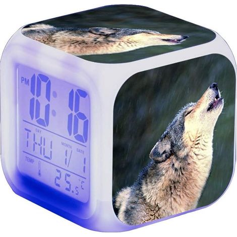 Réveil LED - Pour enfant - Réveil de chevet - Carré - Écran LCD éclairé - Motif loup (2) (1/5)