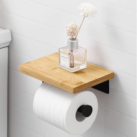 Porte Papier Toilette Adhésif avec Etagère Bambou Porte Rouleau sans perçage en Acier Inoxydable 304 Noir Mat (1/5)