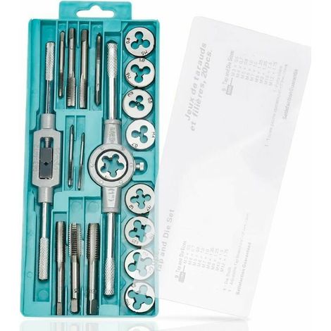 Set di maschi e filiere Set di maschi e filiere metrici da 20 pezzi - M3, M4, M5, M6, M7, M8, M9, M10, M12 Set di maschi e filiere per filettatura metrica con impugnatura per chiave, scatola di immaga