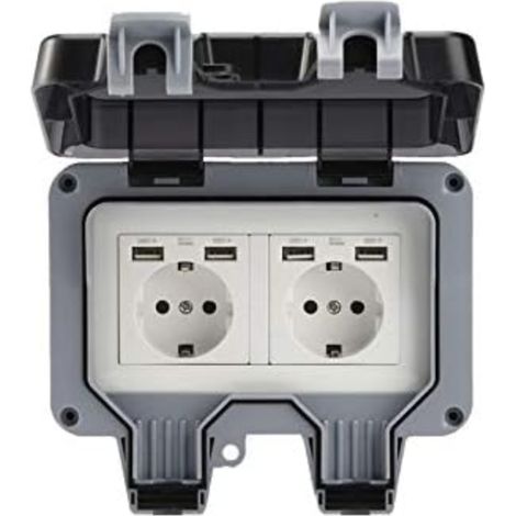 JSSEVN-Enchufe doble para exteriores con USB, resistente al agua, toma de corriente de alta resistencia con caja de pared (doble) (1/4)
