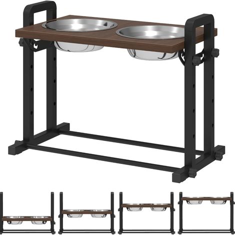 Gamelle surélevée pour chien avec support réglable en hauteur, 2 bols en acier inoxydable de 1,2 L, angles ajustables, marron (1/5)