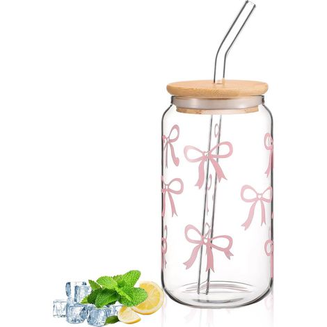 Gobelet en verre avec couvercle et paille, 40 ml, en forme de canette, nœud rose, polyvalent, pour café, cocktails et thé à bulles (1/5)