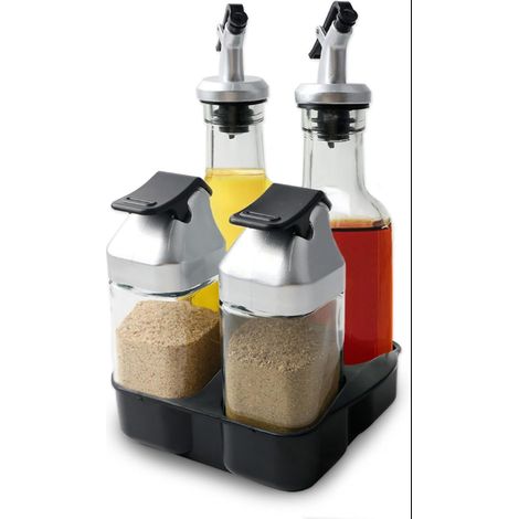Ensemble Salière et Poivrière en Verre, Bouteilles de Vinaigre et D'huile avec Bec Verseur, 2 en 1 Couvercle, Boîte à épices Trous de Saupoudrage, Kit de Menage pour Vinaigre (1/5)