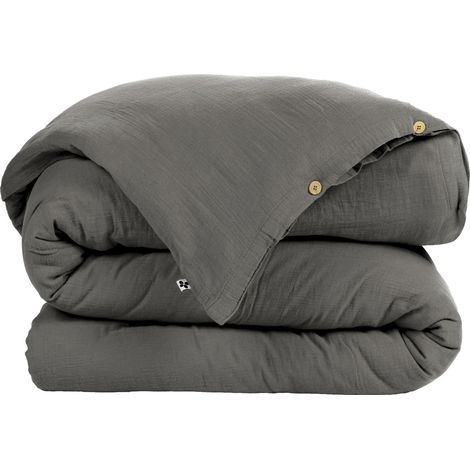 Housse de couette Gaze de Coton 200x200 cm GAIA Gris Granit (1/3)