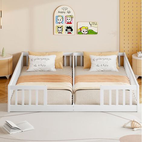 Letto bambini 90x200 cm con 2 letti, sponda di sicurezza, rete a doghe, in pino, senza materasso, bianco (1/5)