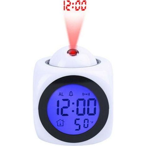 Projecteur d'horloge numérique au Plafond Rétro-éclairage à Piles Affichage LED Horloge de projecteur avec rétro-éclairage Alimenté par Piles Rotation du réveil (Blanc) (1/4)