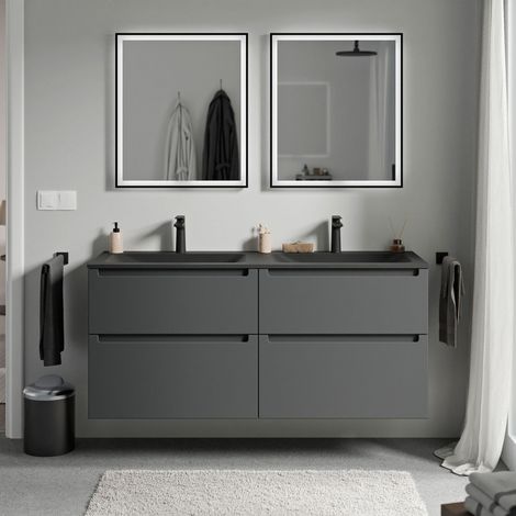 BERNSTEIN - Meuble double vasque suspendu salle de bain MDF Anthracite mat, lavabos fonte minérale Noir mat + trous robinet, tiroirs passe-main pivotants - 120x46x62cm - VIREO Anthracite mat, Noir mat