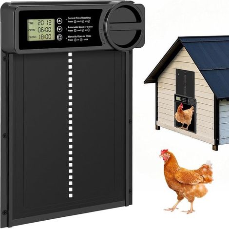 Puerta automática para gallinero，pantalla LCD programable e impermeable，gallinero automático de aleación de aluminio negro，funciona con pilas (1/5)