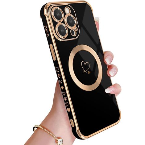Étui iPhone 14 Pro Max Noir, Coque Magnétique Coeur Doré, Bordure Dorée, Silicone Antichoc Résistant, Protection Rigide et Élégante (1/5)