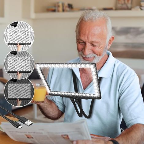 5X Rechargeable Magnifying Glass with Neck Strap, Built-in 43 LED Lights to Enlarge the Full Page Magnifier, with flexible gooseneck and measuring 9.257 inch, suitable for the elderly (1/5)