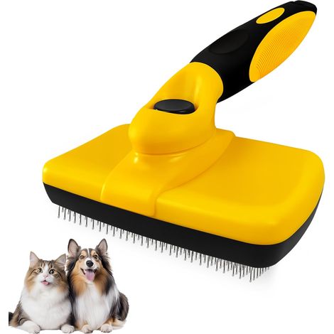Brosse jaune pour chien et chat, brosse autonettoyante pour animaux de compagnie à poils courts ou longs. Élimine efficacement le sous-poil.-AquaForge (1/5)