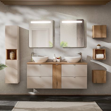 Conjunto de muebles con doble lavabo 140cm espejos LED columna y 3 armarios de pared Manoa Cachemira y madera (1/4)