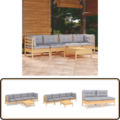 5-tlg. Garten-Lounge-Set mit Grauen Kissen Kiefer Massivholz - Garten Lounge Set - Kiefernholzmöbel - Outdoor Möbel - Gartenzubehör - Loungemöbel