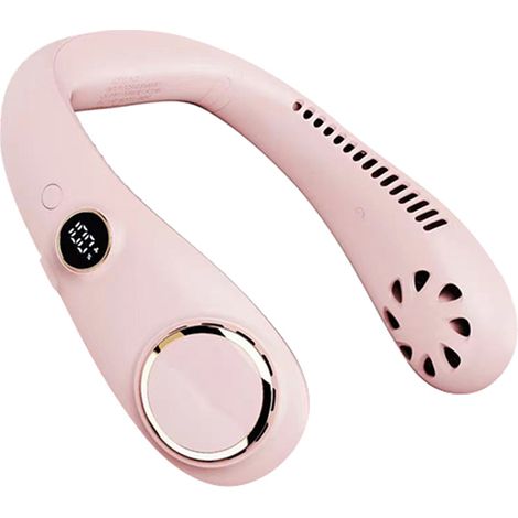 Ventilatore da collo portatile ricaricabile senza pale, 3 velocità regolabili, flusso d'aria a 360°, display digitale a LED rosa. (1/5)