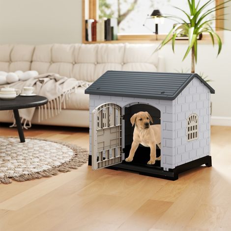Niche Pliable en Plastique pour Chien Abri pour Animaux avec Plateau de Toilette Amovible Porte Verrouillable 3 Fenêtres Toit Incliné Gris (1/2)
