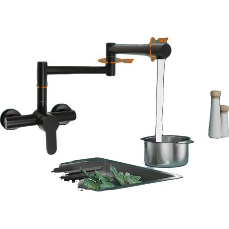 Grifo de cocina mural, fabricado en latón, brazo giratorio de 360°, alcance de 40 cm, control monomando, apto para fregaderos. (1/5)