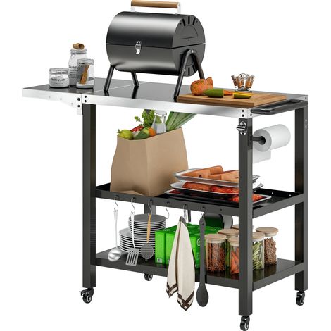 Beyamis Grillwagen für den Garten, Servierwagen mit Theke, klappbaren Seitenablagen und Rädern, 116 x 50 x 86 cm, Schwarz