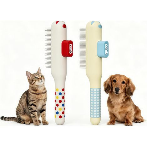 Set of 2 Self-Cleaning Brushes for Cats and Dogs, Metal Teeth Comb, Detangling and Flea Remover, Pet Coat Care, Yellow and White (1/5)