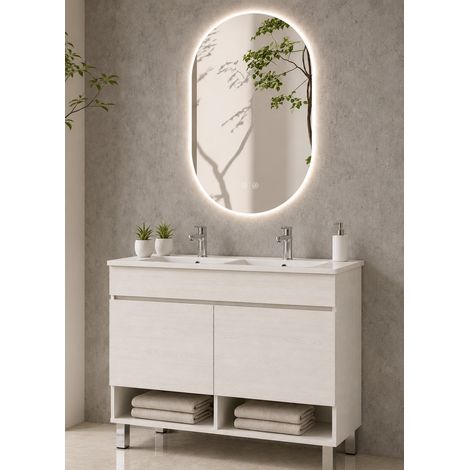 Meuble de salle de bain avec pieds avec vasque extra-plat ORIGENBATH NEBARI sur pieds avec portes sans miroir 120x45 cm double vasque blanc nordique (1/5)