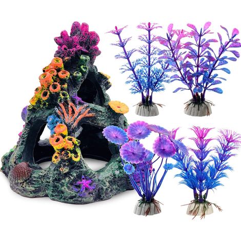 1 Montagne de Corail + 4 Plantes Aquatiques - Kit Récif Corail Coloré pour Aquarium - Accessoires de Décoration pour Aquarium (1/5)