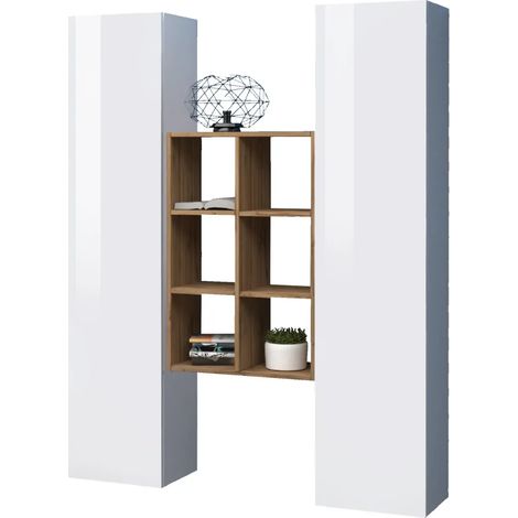 Parete Attrezzata Sospesa Soggiorno Bianco Lucido Rovere con Libreria (1/5)