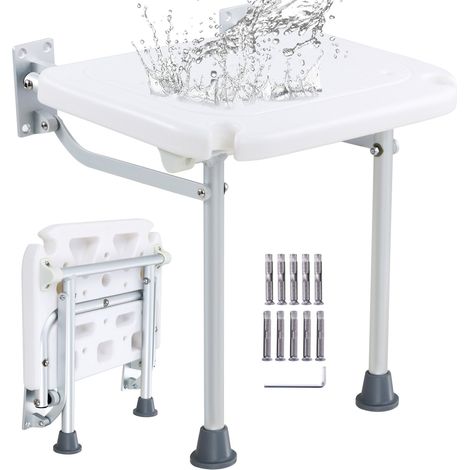 Siège de Douche Pliable en PE, 40x37,5 cm Déplié, Tabouret de Douche à Fixation Murale, Capacité de Charge 226,8 kg, Peu Encombrant, pour Personnes Âgées, Femmes Enceintes, Salle de Bain, Entrée (1/5)