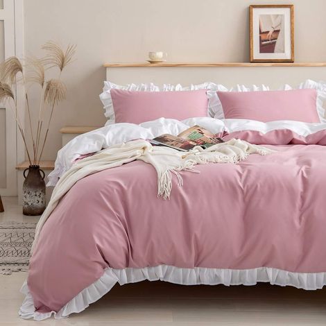 à Volants,Housse de Couette et taies d'oreiller et Attaches de Coin Rose délavé 2 pièces (1/5)
