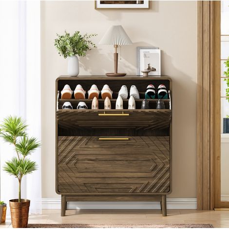 Zapatero (91x54x16 cm), con dos compartimentos abatibles, estante abierto, diseño farmhouse, MDF, color nogal (1/5)