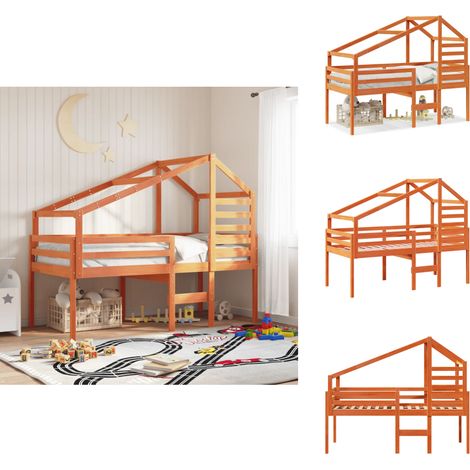 Lit haut sans matelas cire marron 80x200 cm bois de pin massif - Lit Enfant - Lit Surélevé - Lit Cabane - Lit Plateforme - Lit Bois Pin (1/5)