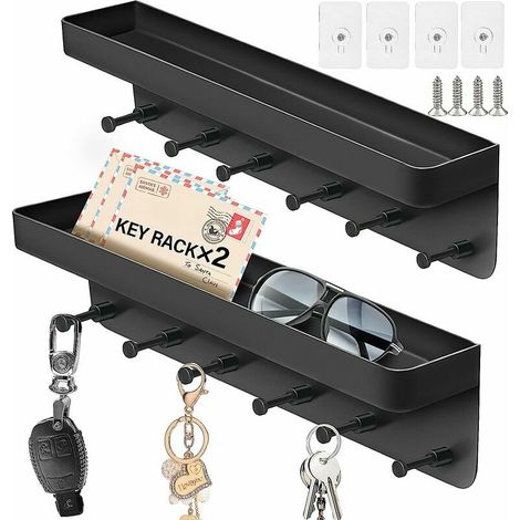 Lot de 2 Porte Clef Mural avec 6 Crochets, Porte-clés Mural en Métal avec étagère de Rangement, Porte manteau revue mural Sans Percer, Pour Salon, Salle de Bain, Cuisine, Noir