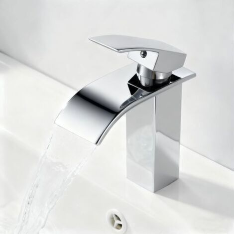 Mitigeur Lavabo Cascade avec Bec Hauteur 10cm, Robinet Lavabo Salle de Bain Moderne, Mitigeur Monocommande Lavabo Eau Chaude et Froide Disponible (sans Bonde, sans Tirette de Vidage) Chromé (1/5)