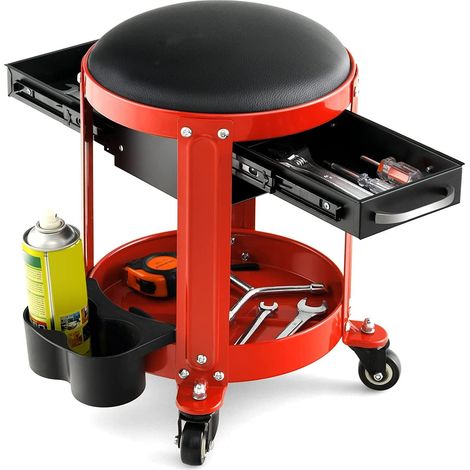 COSTWAY Taburete Mecánico Rodante con Asiento Acolchado Desmontable y 4 Ruedas Universales, Asiento Mecánico Rodante con 2 Cajones, Doble Soporte para Latas y Bandeja para Herramienta, 150KG Capacidad (1/5)