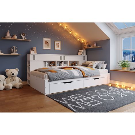 Lit simple 90x190 cm blanc avec rangements tiroirs, étagère et coffre, sans matelas (1/5)