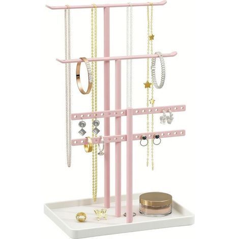 Organisateur de Support à Bijoux à 3 Niveaux - Support Solide pour 80 Pièces de Bijoux - Porte-Bijoux Rose - Porte-Bijoux pour Colliers, Boucles d'oreilles, Bracelets, Bagues - Cadeau pour Femmes (1/4)