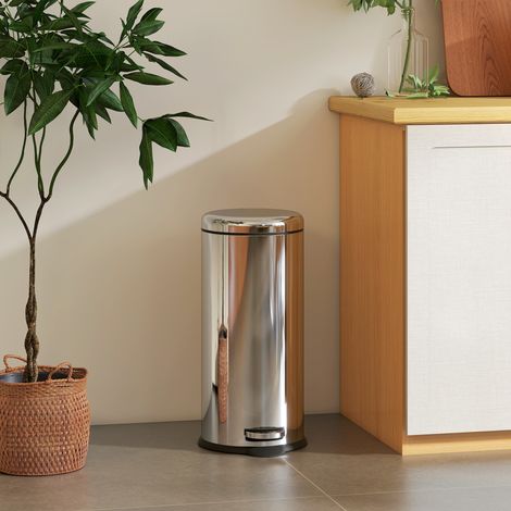 Poubelle à pédale, poubelle automatique avec couvercle intérieur amovible, capacité 30 L, acier inoxydable, Ø 29,2 x 62,9 cm, argent (1/5)