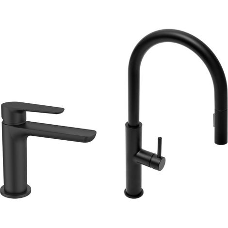 Set miscelatore lavabo a leva senza tirante + miscelatore cucina con doccetta estraibile a 2 getti, nero opaco (SATBSD2OD271C)
