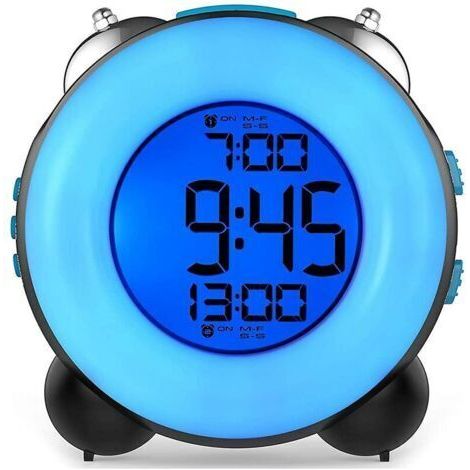 Réveil fort pour gros dormeurs Double alarme réglable Sonnerie de cloche métal Fonction snooze Affichage 12/24H Couleur bleu (1/5)