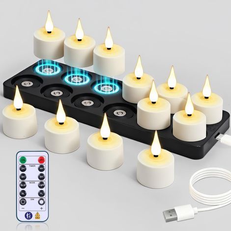 Bougies chauffe-plat magnétiques rechargeables avec station de charge et minuterie à distance, 12 pièces, alimentées par piles, sans flamme, bougies LED vacillantes pour la décoration de la (1/5)
