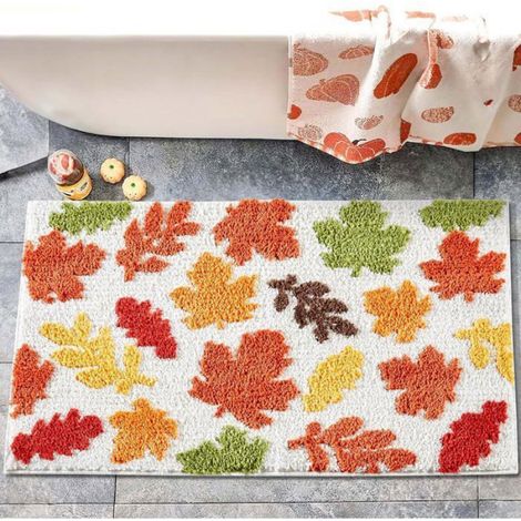Tapis De Bain - Microfibre - Motif Feuilles D'érable - Antidérapant - Lavable En Machine - Orange - 1 Pièce (1/4)
