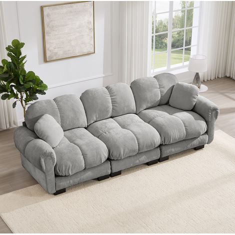 Divano 3 posti in ciniglia 260 x 86 x 90 cm con 2 cuscini decorativi grigio chiaro HAVRYA (1/5)