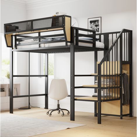Cama alta de metal negro 90x200 cm con escalera de seguridad y estante flexible (1/5)