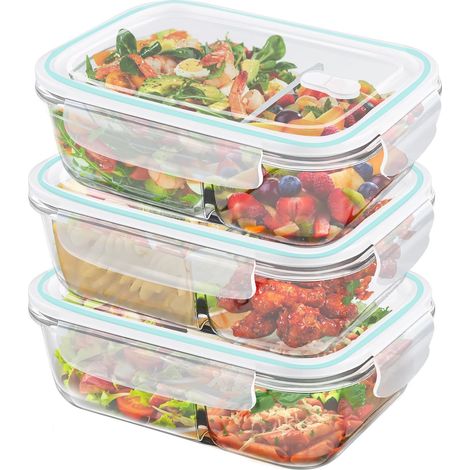 3 Glasbehälter à 1040 ml mit 2 luftdichten Fächern, inklusive Trennwand, mikrowellen- und gefriergeeignet, blau