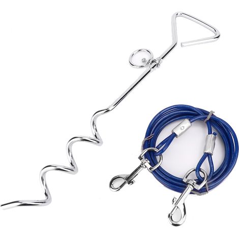 Piquet de sol spiralé pour chien d'extérieur, double crochet, chaîne de traction en fil d'acier (piquet bleu pour chien, petite taille) (1/5)