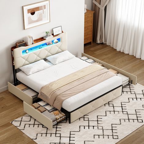 Polsterbett 160x200 cm mit Schubladen - Doppelbett mit RGB-LED, USB/Type-C-Ladestation und Stauraum - Flanell und Samt - Beige