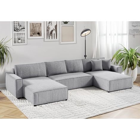 Tendencio – Canapé convertible d'angle panoramique en velours côtelé gris clair – Dimensions généreuses 398x185cm – Couchage 344x144cm – Coffre de rangement